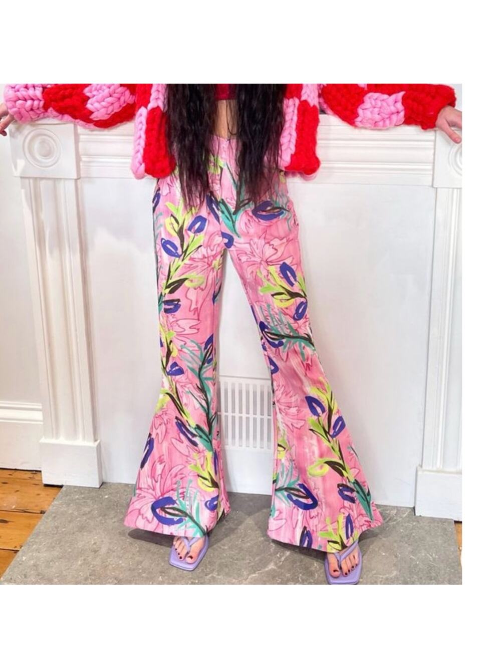 NEW Hope Macaulay Pink Colorful Floral Print Wide Flare Leg Pants